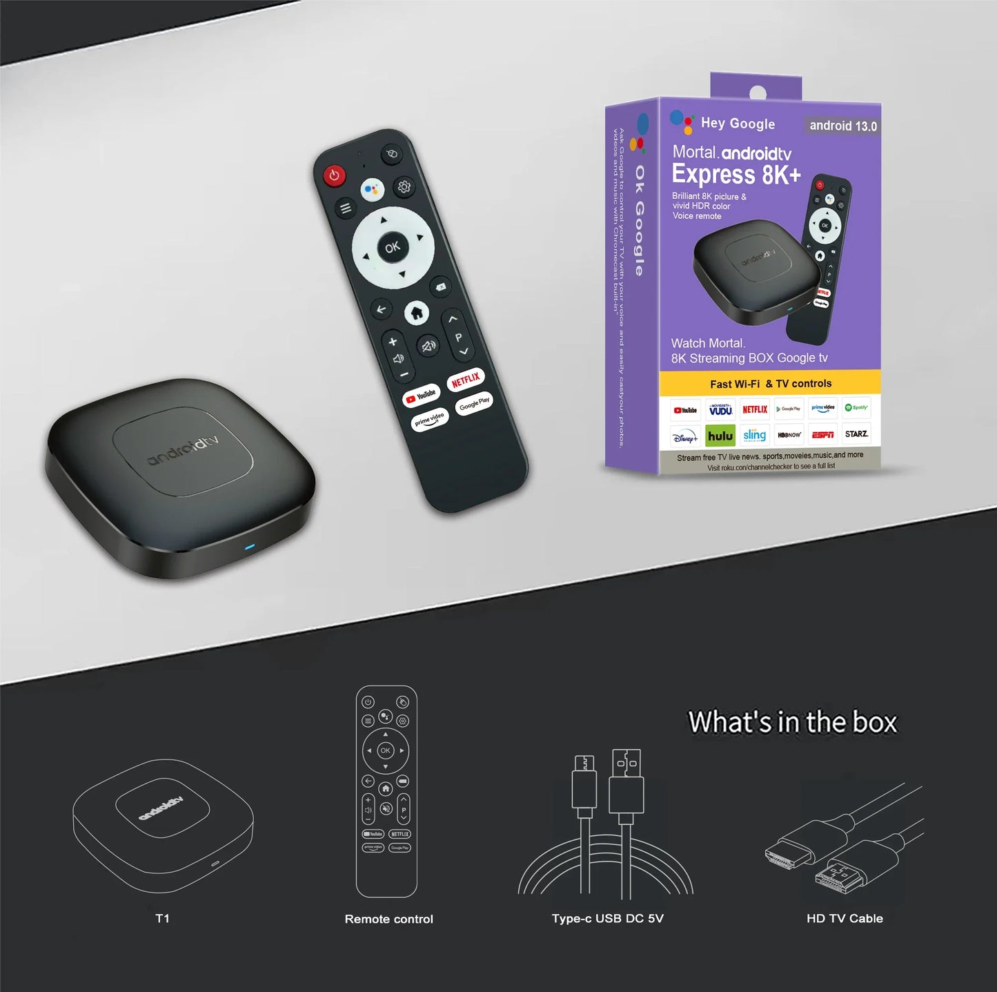 Android 13 Smart Home Theater TV Box – Allwinner H313, Google Assistant, Netflix Streaming, Bluetooth Media Player, 2GB/16GB, 2.4G/5G Wifi, T1