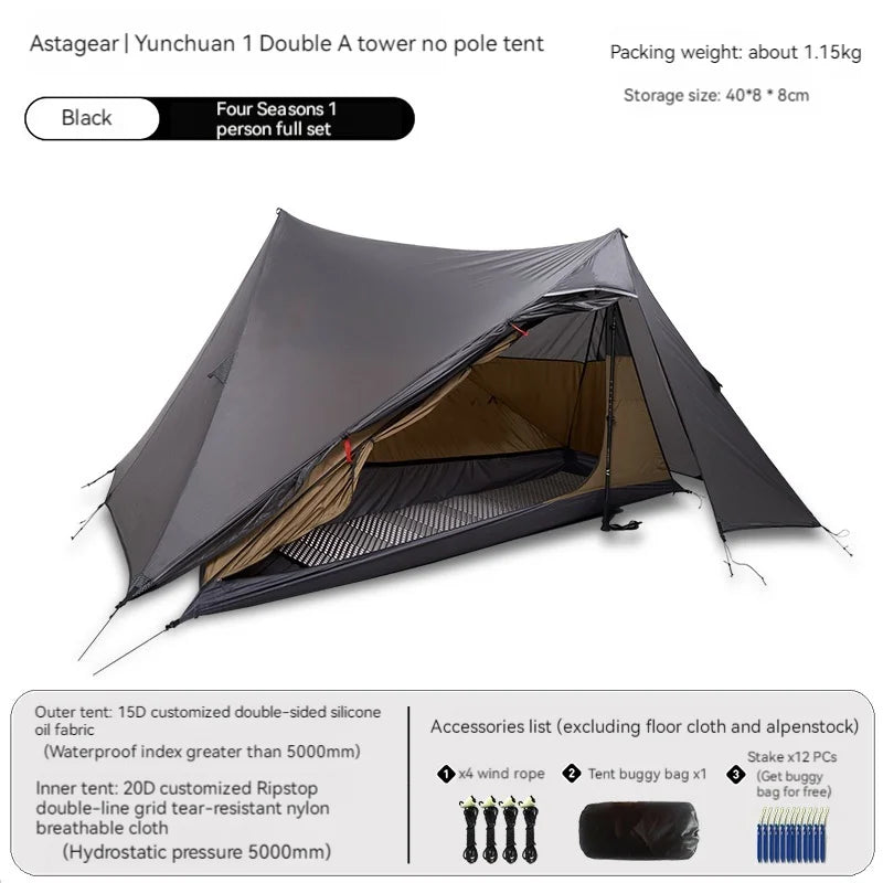 ASTA GEAR Yun Chuan 15D Nylon Ultralight Tent – Double-Sided Silicon-Coated, Rodless Pyramid Design for Camping & Hiking