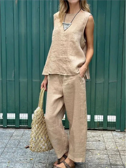 Women Summer Cotton Linen 2-Piece Set – Sleeveless Solid Color Top & Trousers Casual Fashion Outfit Suit