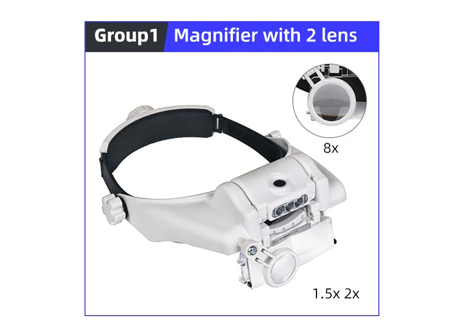 LED Headband Magnifier with 8x Lenses – Hands-Free Magnifying Glass for Jewelry, Watch & Electronic Repair