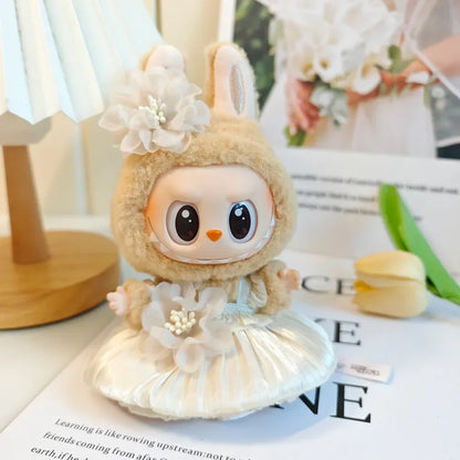Mini Plush Doll Clothes Bud Skirt with Pearl Hair Accessory — Labubu I & II Kpop Idol Doll DIY Outfit Gift