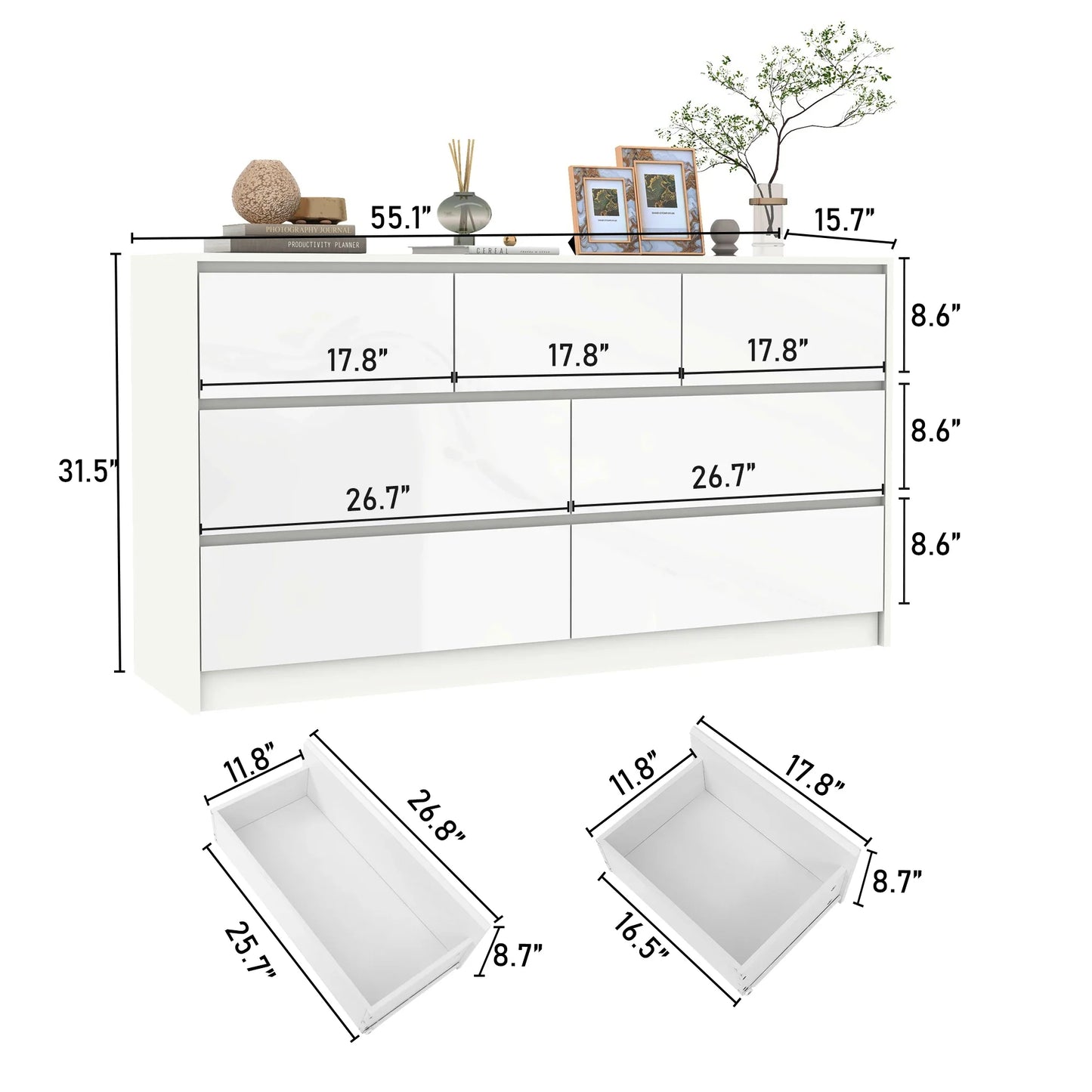 55-Inch Modern 7-Drawer Dresser – High Gloss White/Black Wooden Chest for Bedroom Storage