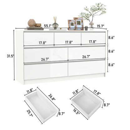 55-Inch Modern 7-Drawer Dresser – High Gloss White/Black Wooden Chest for Bedroom Storage