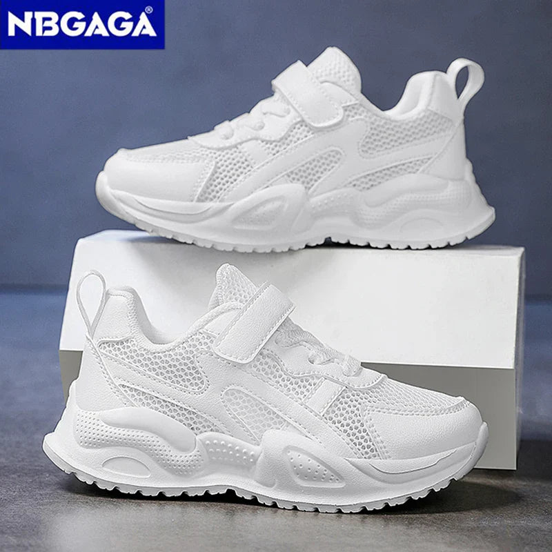White Kids Leather Casual Shoes — Boys & Girls Outdoor Running Sneakers, Breathable Mesh, Non-Slip School Walking Sport Shoes