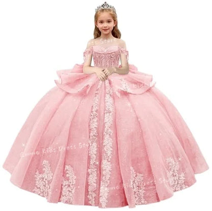 Lace Flower Girl Dress - 3D Floral Appliqué, Beading & Long Bow Ball Gown