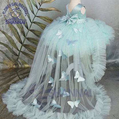 Pink Flower Girl Dress with Train - Puffy Bow Birthday and First Communion Dress