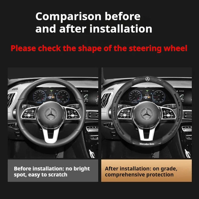 Mercedes-Benz Carbon Fiber Leather Steering Wheel Cover — Anti-Slip Fit for A/B/C/E/S/V/R-Class, C43, CLA, GLA, GLB, GLC, GLK, SLK, SL, Vito