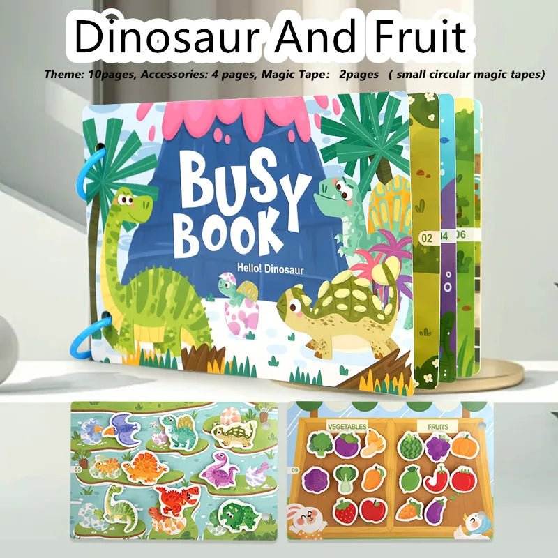 Kids Busy Book – Interactive Learning Sticker Book with Animals, Vehicles & Dinosaurs, Matching Numbers & Letters Activity Toy