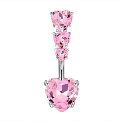 Pink Crown Belly Button Ring – Stainless Steel Heart Navel Piercing Barbell with Crystal for Women & Girls