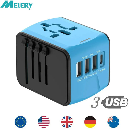 Melery Universal Travel Adapter – UK, EU, AU, US Power Plug with 3 USB Ports & Type-C Wall Charger for Worldwide Use