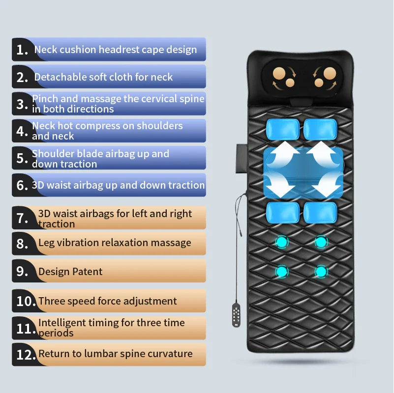 Upgraded Large Area Heated Neck Massager – Vibration Airbag Full Body Massage Mat with Lumbar Traction and Remote Control