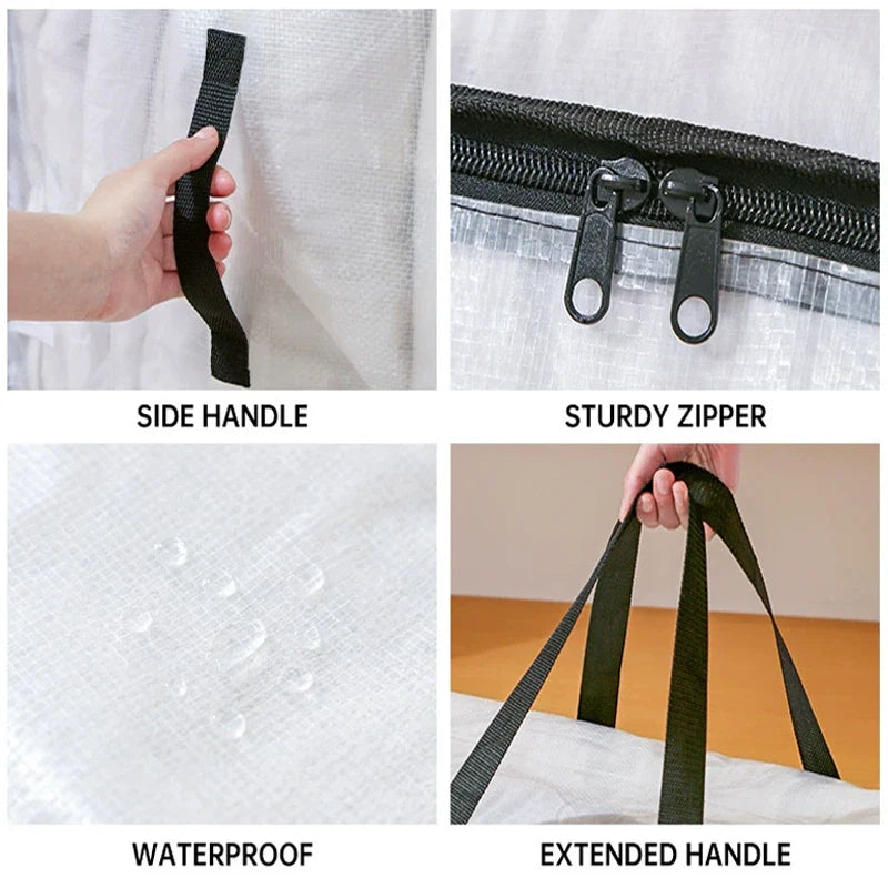 Large Capacity Waterproof Clothes Storage Bag – Foldable Blanket & Garment Organizer for Home, Bedroom, Closet, Transparent Storage Container