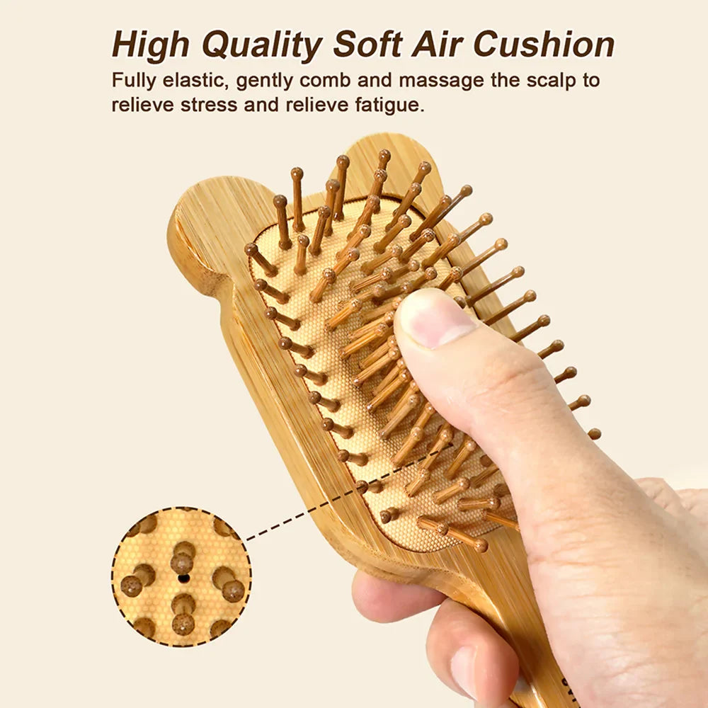 Bamboo Hair Brush with Wide Teeth & Air Bag - Smooth Scalp Massage Comb for Women Hairdressing Styling Tools