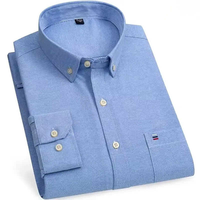 Men’s Checkered Oxford Shirt - Long Sleeve Cotton Button Down Gingham Top with Single Pocket 6XL-7XL