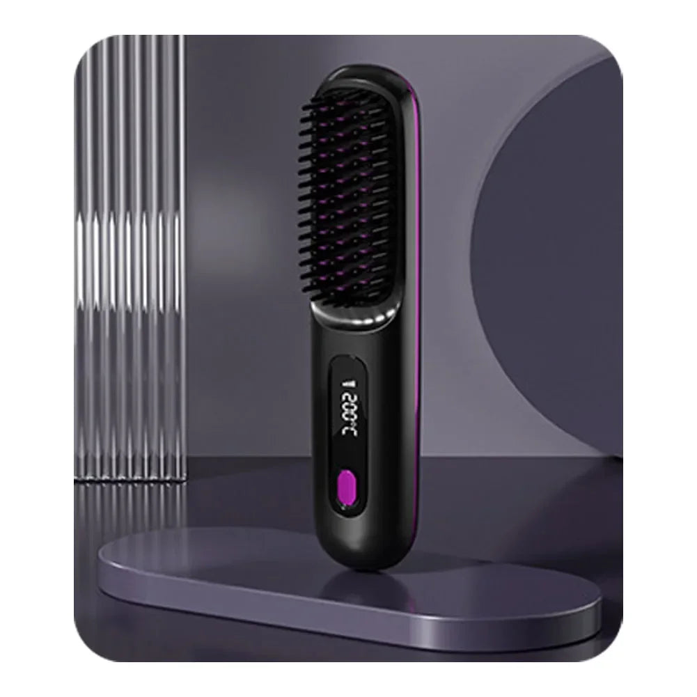 Electric LCD USB Ceramic Hair Straightening Comb – Wireless Portable Negative Ion Rechargeable Styling Brush