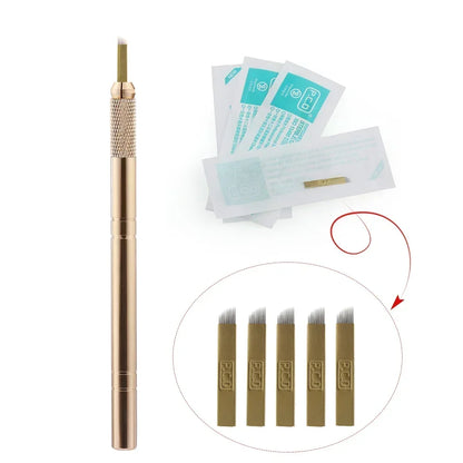 Golden Tebori 3D Tattoo Pen with 5pcs 12-Pin Microblading Needles — Professional Permanent Makeup Eyebrow Tattoo Set