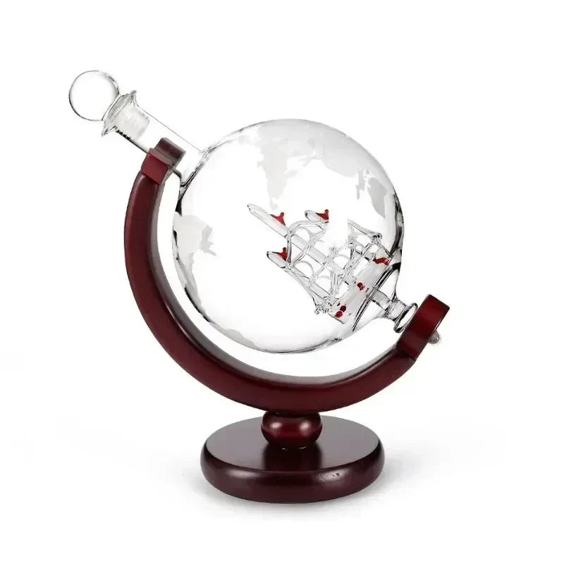 900ML Globe Whiskey Decanter Set – Lead-Free Carafe with Wood Stand & 2 Glasses