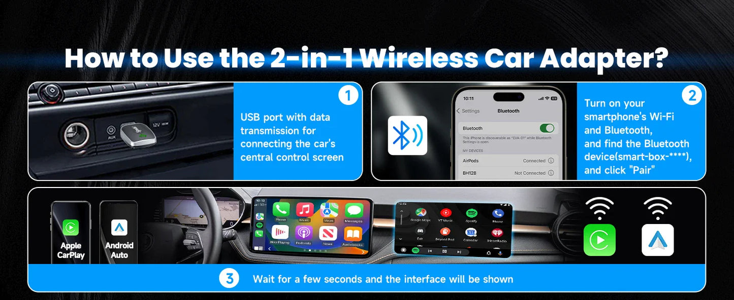 2-in-1 Wired to Wireless CarPlay & Android Auto Adapter — Plug & Play Wireless Car Multimedia Adapter