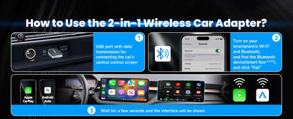 2-in-1 Wired to Wireless CarPlay & Android Auto Adapter — Plug & Play Wireless Car Multimedia Adapter