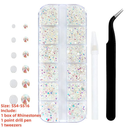 12-Grid 3D Glass AB Crystal Nail Art Rhinestones Kit – Flatback Round Beads with Tools for Nail Jewelry & Diamond Decoration