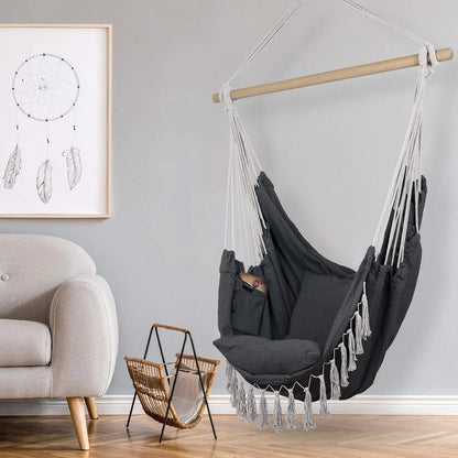 Macrame Hanging Chair with 2 Pillows – 500lb Cotton Rope Swing with Pocket Design for Indoor & Outdoor Use
