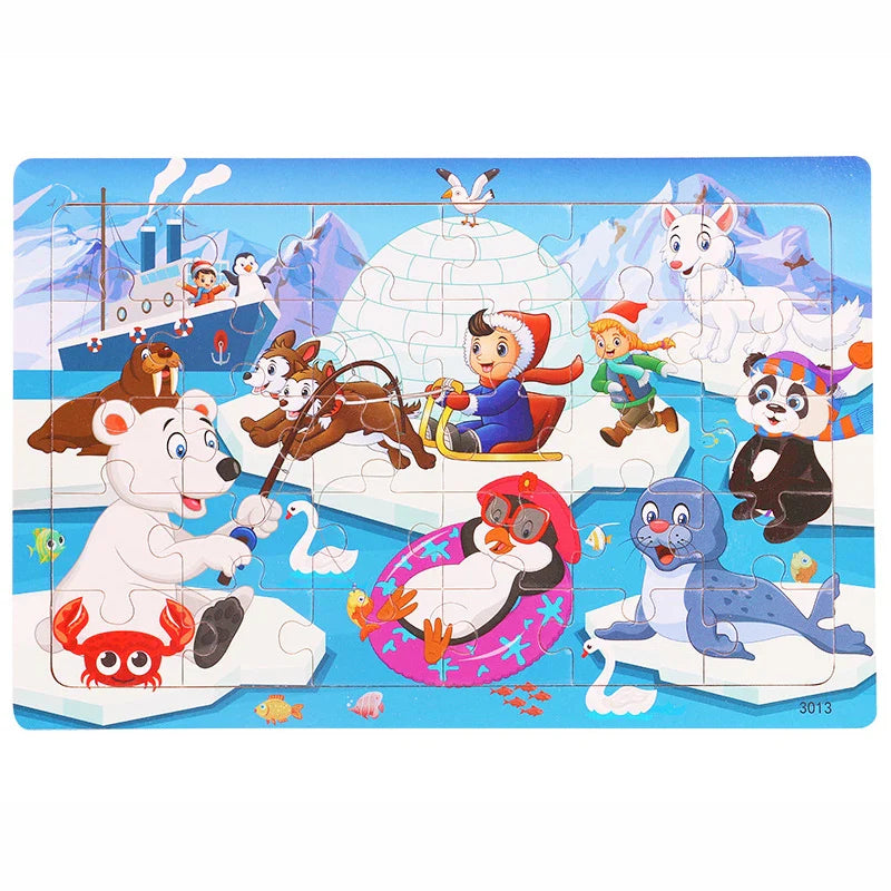 30PCS Wooden Jigsaw Puzzle – Cartoon Animal & Vehicle Educational Toys for Kids
