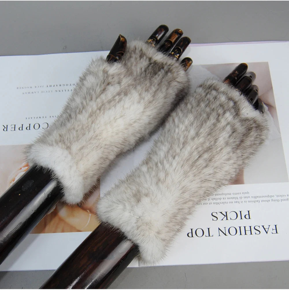 Women’s Winter Mink Fur Gloves – 100% Natural Fingerless Knitted Mittens for Warmth