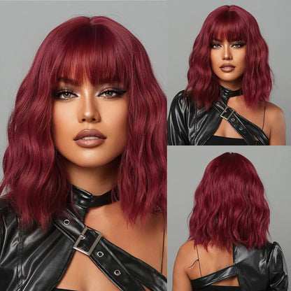 Women’s Grey Wavy Bob Wig with Bangs — Short Blonde Ombre Synthetic Hair with Dark Roots for Daily Wear