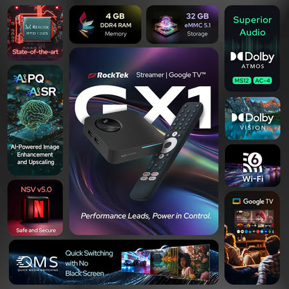 RockTek GX1 UHD Google TV Box — Android TV, 4GB RAM 32GB Storage, Netflix Certified, Dolby Atmos, WiFi6 & BT5.2