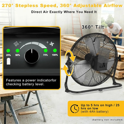Cordless Floor Fan - 12/16-Inch Portable Fan Compatible with DeWalt 20V Max Batteries