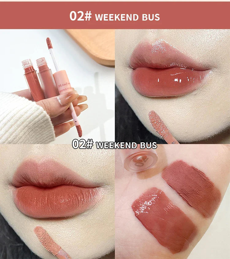 Double-End Lip Glaze – Glossy Mirror & Matte Velvet, Long-Lasting Color & Moisture, Anti-Stain Lip Gloss Cosmetic
