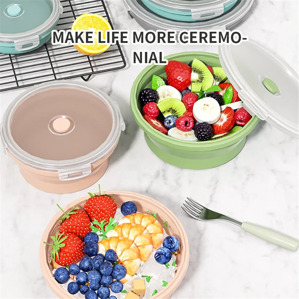 Collapsible Silicone Food Storage Container - Portable Lunch Box with Lid for Microwave & Freezer Use