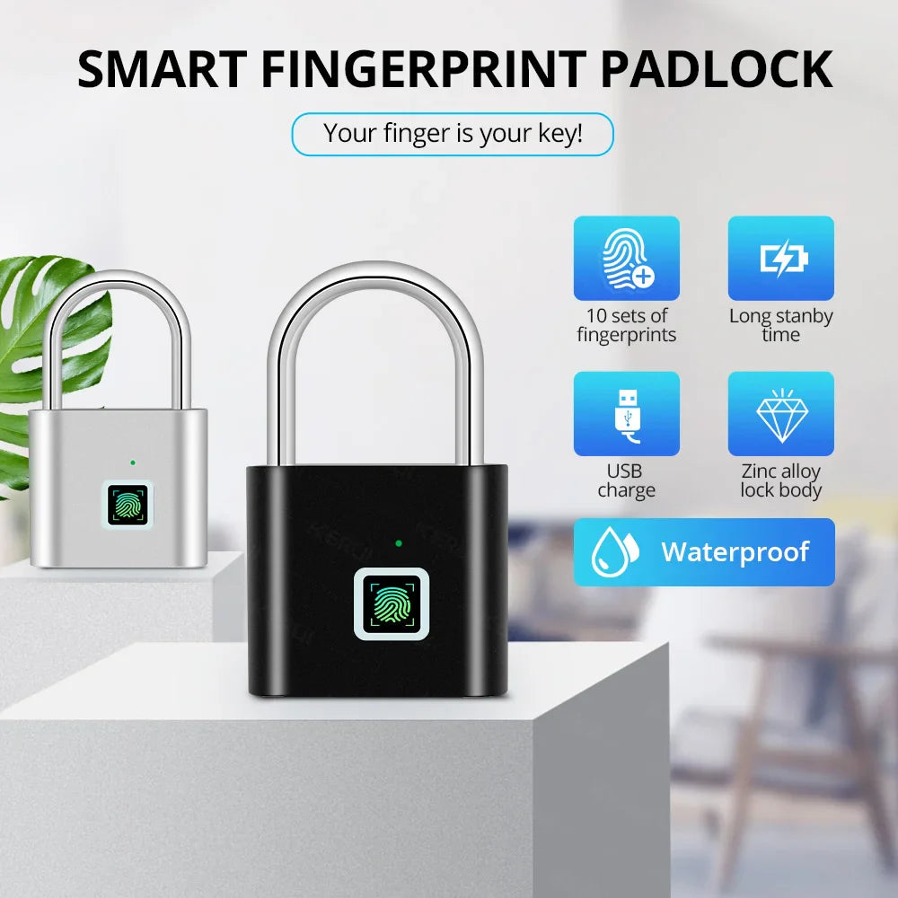 KERUI Smart Fingerprint Padlock Keyless USB Rechargeable Waterproof Security Lock – 0.2s Quick Unlock Anti-Theft Portable Zinc Alloy Door Lock