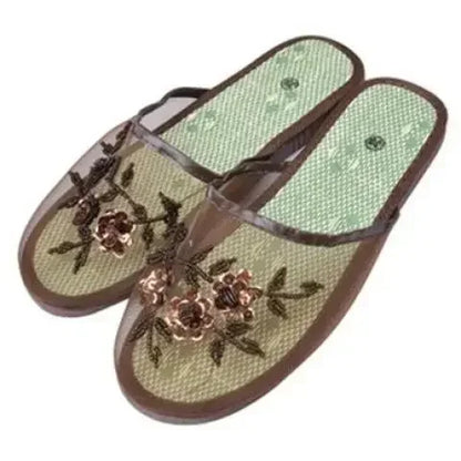 Women’s Sequin Mesh Indoor Slippers – Summer Hollow Flat Beach Flip Flops with Creative Flower Design