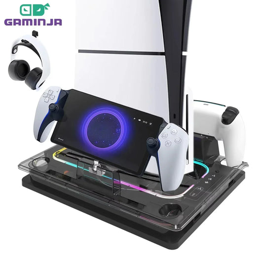 GAMINJA P53 RGB Cooling Stand for PS5 Slim – Multi-Function Controller Charger & PS Portal Magnetic Charging Base Station