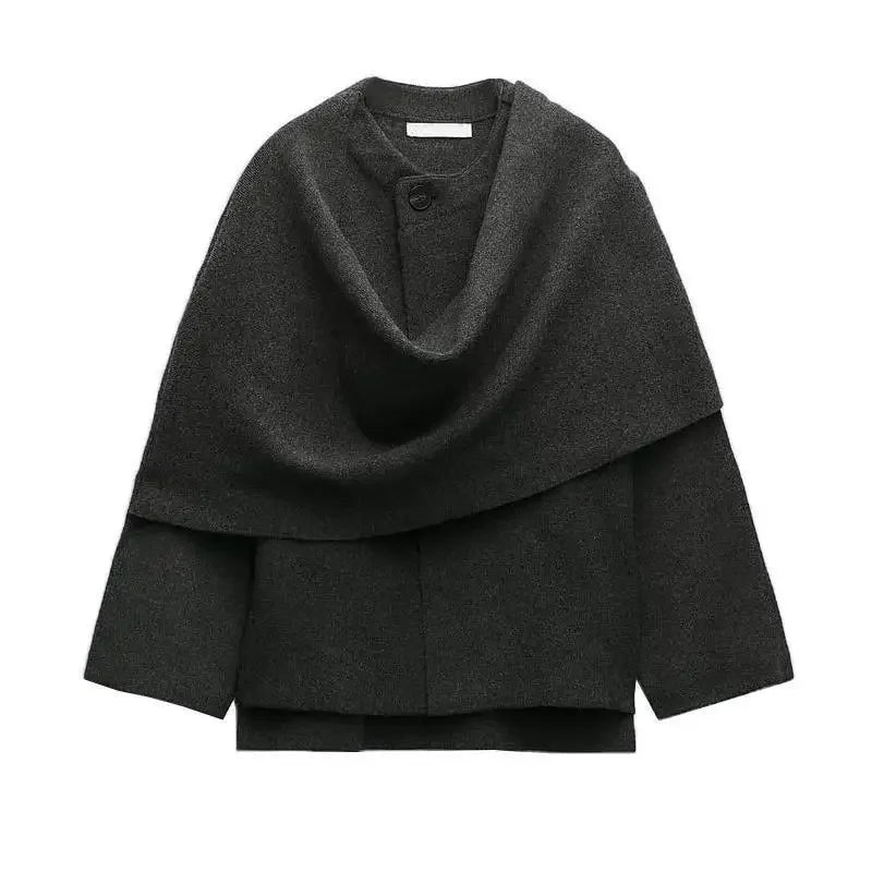 ZBZA Women’s Asymmetric Scarf Knitted Jacket – O Neck Single Button, Side Slit Loose Coat, Winter Chic Outerwear