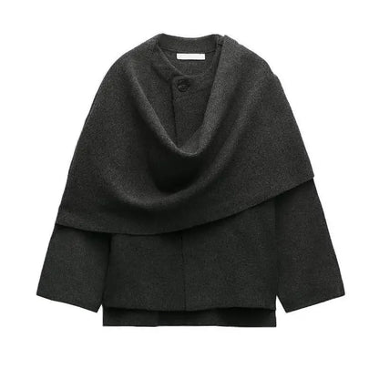 ZBZA Women’s Asymmetric Scarf Knitted Jacket – O Neck Single Button, Side Slit Loose Coat, Winter Chic Outerwear