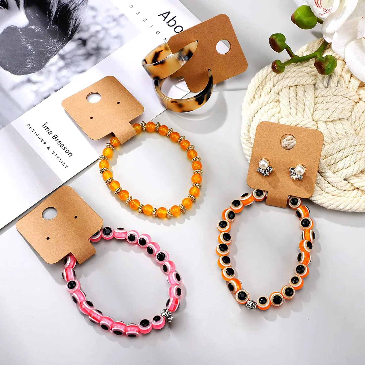 50pcs 4x10cm Self-Adhesive Kraft Paper Jewelry Cards – Bracelet & Necklace Display for Retail Packaging