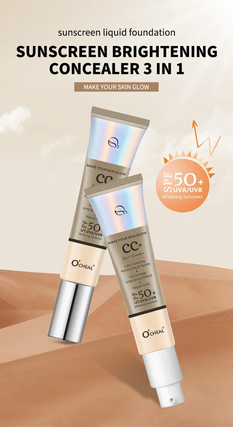 Ocheal 30g CC Cream Foundation – Waterproof Concealer, SPF 50+ Moisturizing Sunscreen, Long-Lasting Brightening Makeup Primer