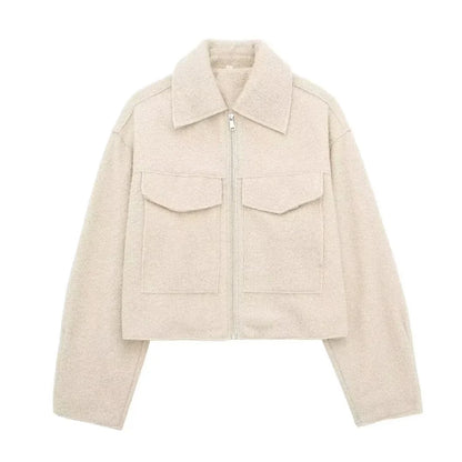 TRAF Women's Cropped Jacket – Vintage Patch Pockets with Flaps, Long Sleeve, Front Zipper Chic Outerwear Top