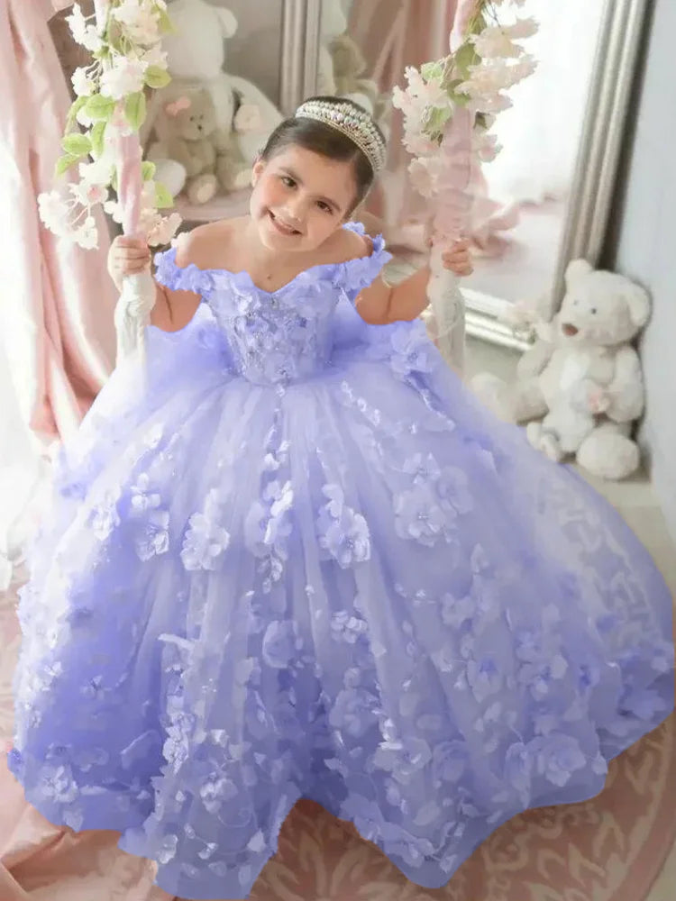 Pink Flower Girl Dress - 3D Floral Applique Pearl Tulle Gown for Weddings & Parties