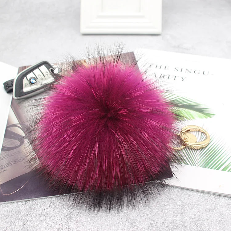 Luxury 15cm Fluffy Real Raccoon Fur Pom Pom Keychain – High-Quality Metal Ring Pendant for Women