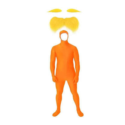 Halloween Orange Jumpsuit Costume - Yellow Moustache Cosplay Bodysuit for Kids & Adults