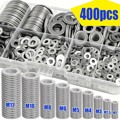 400Pcs Flat Washer Gasket Set – M2 to M12 Assorted Anti-Slip Sealing Washers Combo Kit in Storage Box for DIY & Repair Use