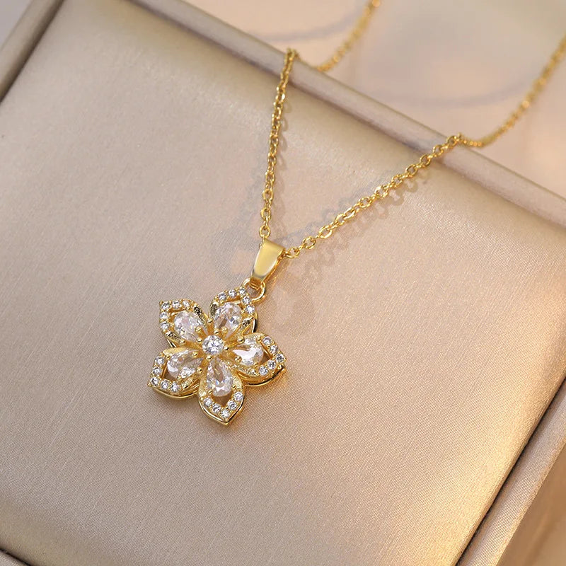 Light Luxury Gold Zircon Flower Pendant Necklace for Women – Elegant Spin Design High-End Party Jewelry Gift Chain Necklace