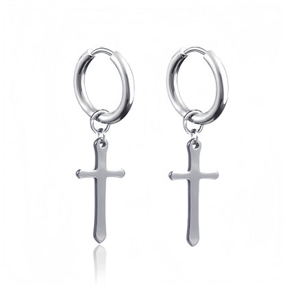 Long Hanging Cross & Leaf Hoop Earrings – Vintage Stainless Steel Hip Hop Unisex Jewelry Accessories