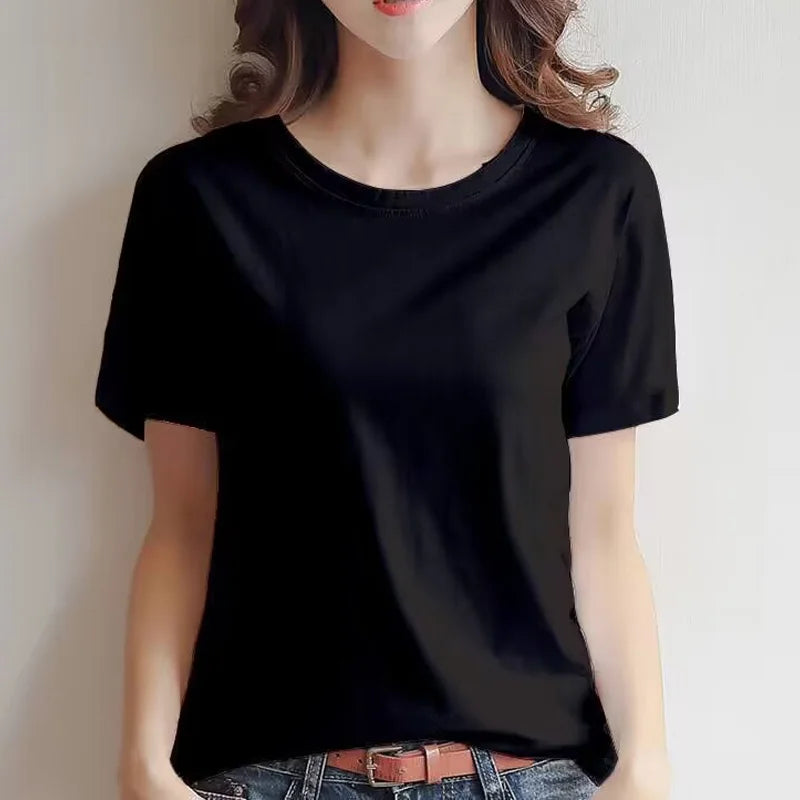 Women's 100% Cotton Crew Neck T-Shirt - Casual Regular-Fit Basic White Summer Tee