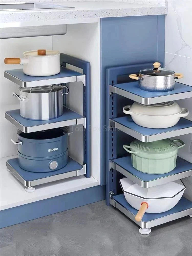 Adjustable Multi-Layer Pot Storage Rack: Kitchen Sink Shelf for Household Cabinet Organization - Pot Holder and Frying Pan Bowl Organizer