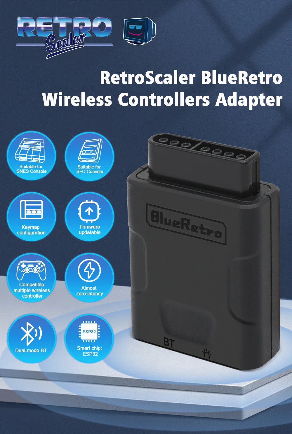 RetroScaler BlueRetro Wireless Controller Adapter – Connect SNES/SFC to PS4, PS5, Switch, Joy-Con & Xbox One S
