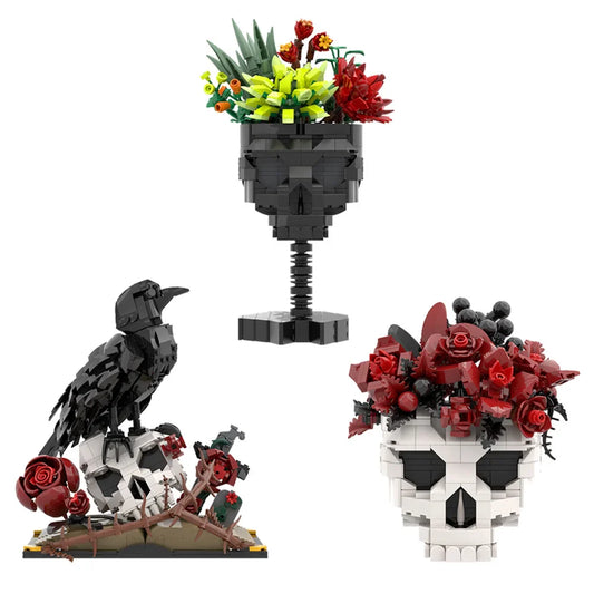 MOC Skull & Roses Bouquet Building Blocks — Gothic Crow Flower Pot DIY Toy for Kids & Gifts